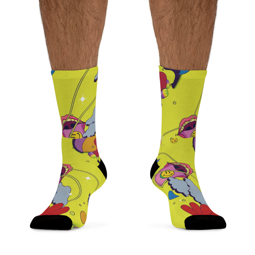 Yellow Retro Trippy Art Socks — Funky Cartoon Lips & Crew Socks