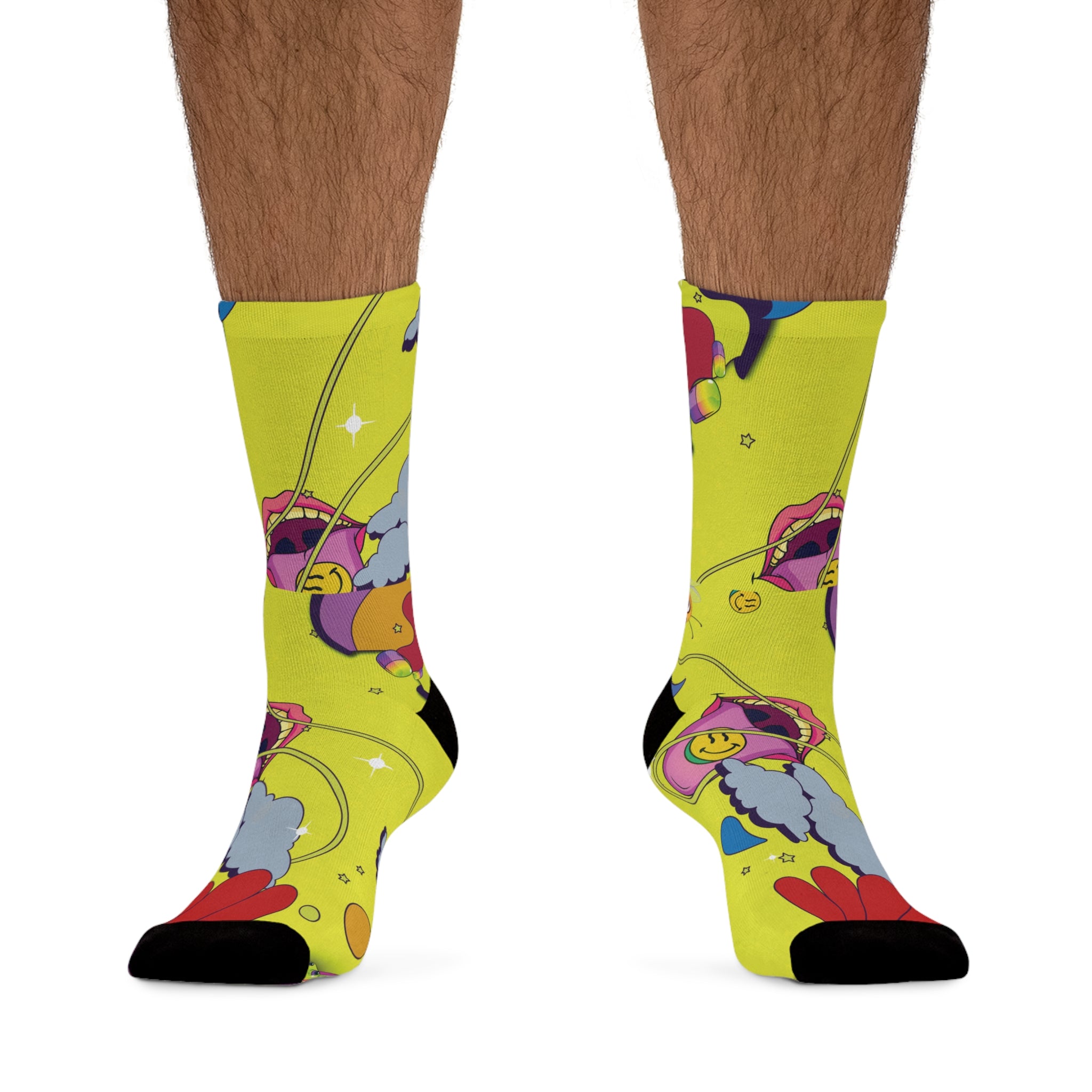 Yellow Retro Trippy Art Socks — Funky Cartoon Lips & Crew Socks