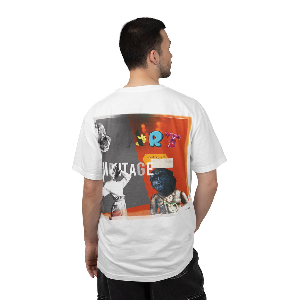 Montage Art Graphic T-Shirt — Retro Collage Art Tee with Small Heart Logo