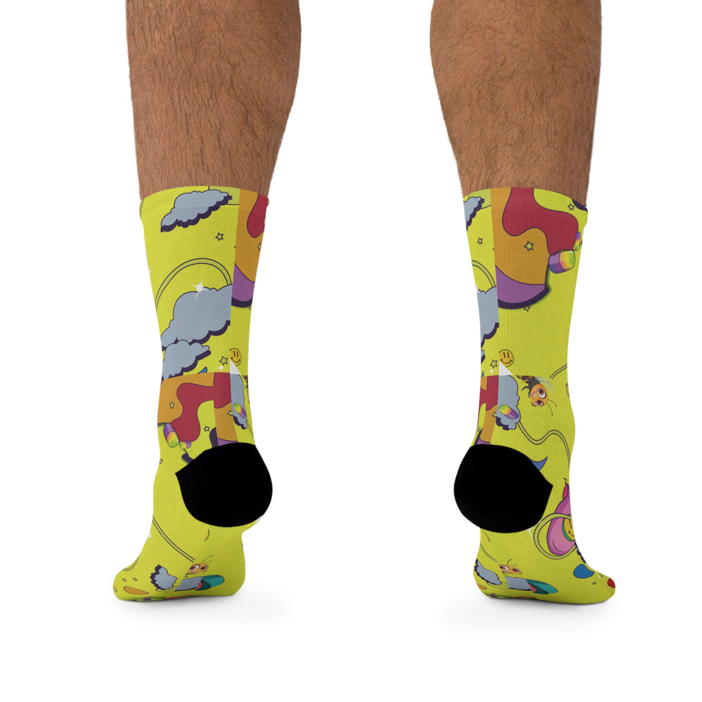Yellow Retro Trippy Art Socks — Funky Cartoon Lips & Crew Socks