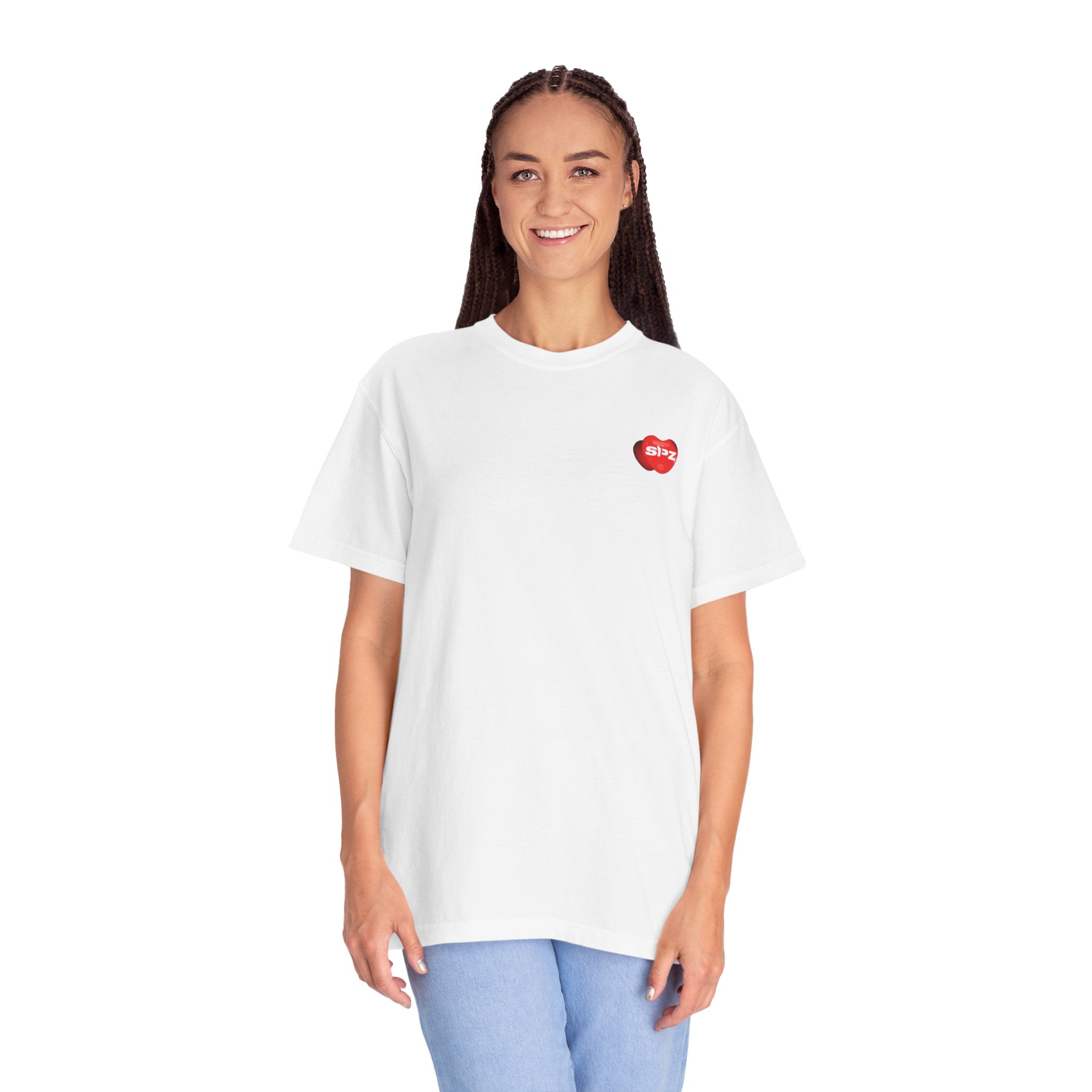 Montage Art Graphic T-Shirt — Retro Collage Art Tee with Small Heart Logo
