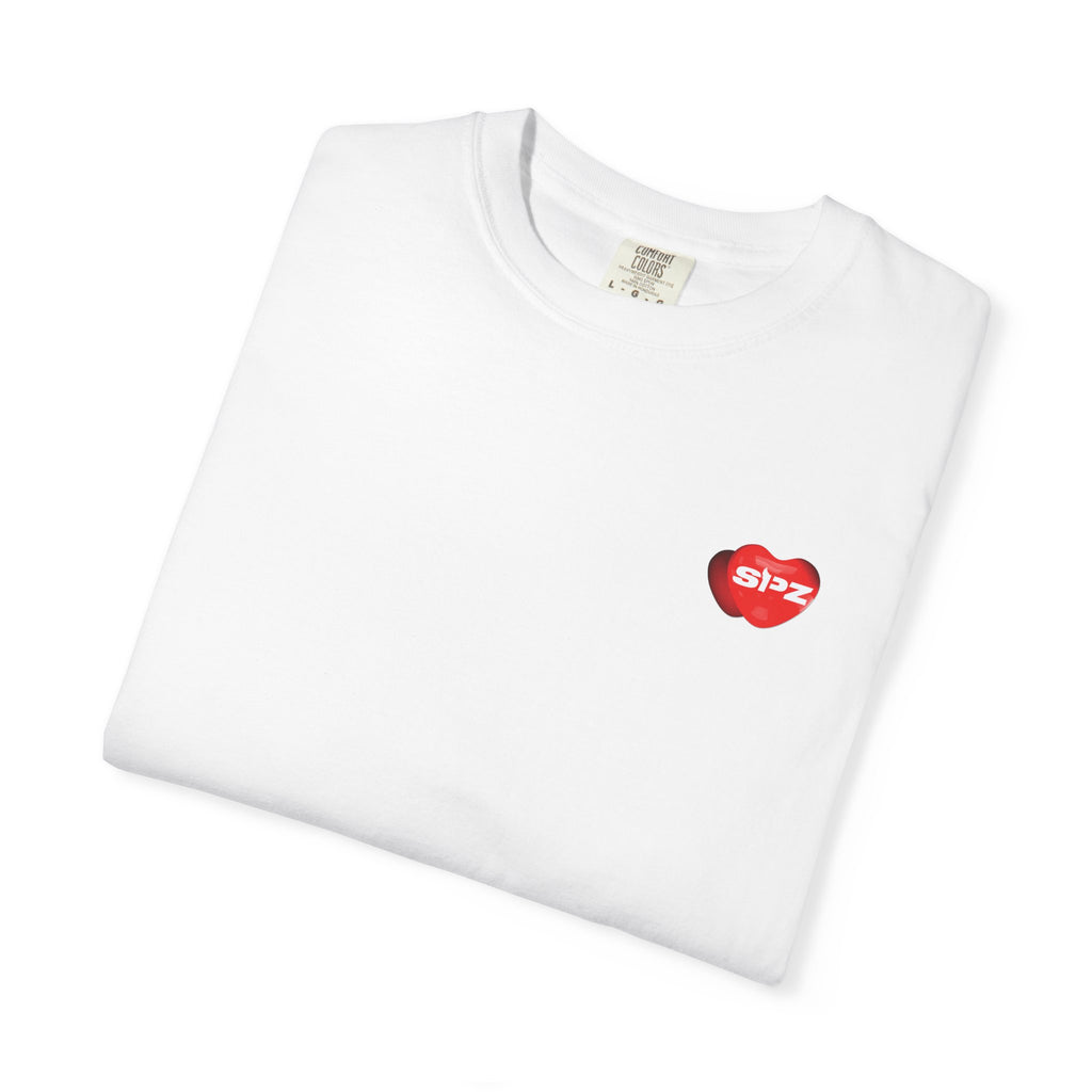 Montage Art Graphic T-Shirt — Retro Collage Art Tee with Small Heart Logo