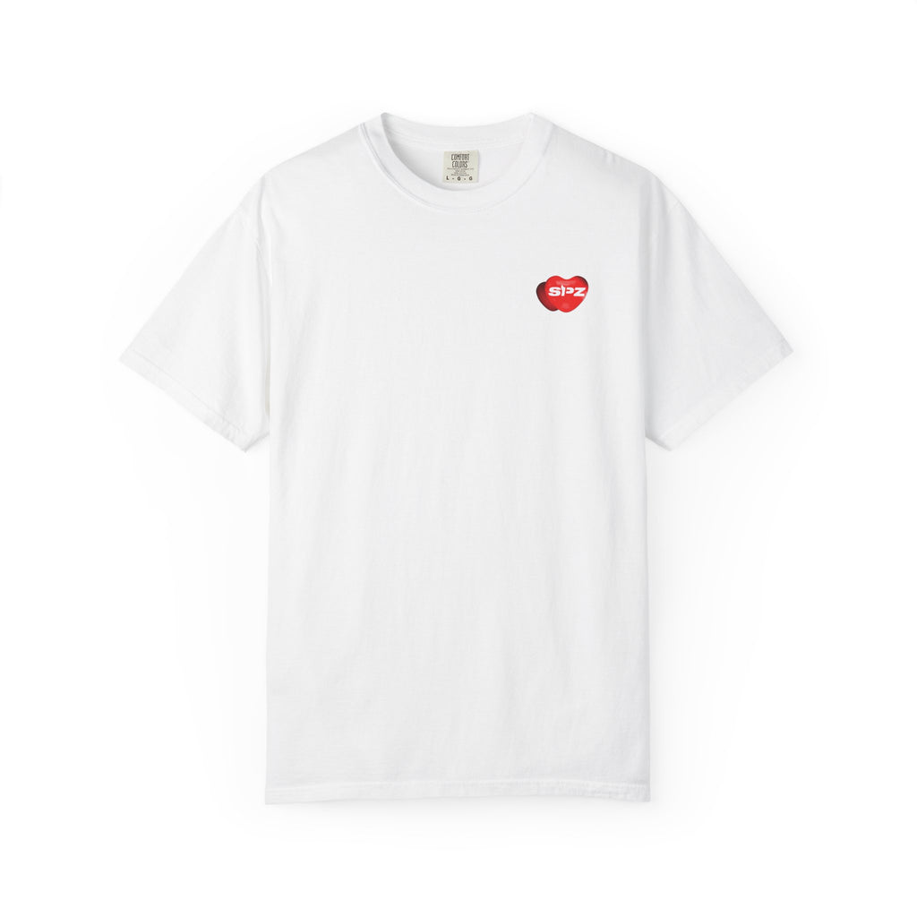 Montage Art Graphic T-Shirt — Retro Collage Art Tee with Small Heart Logo