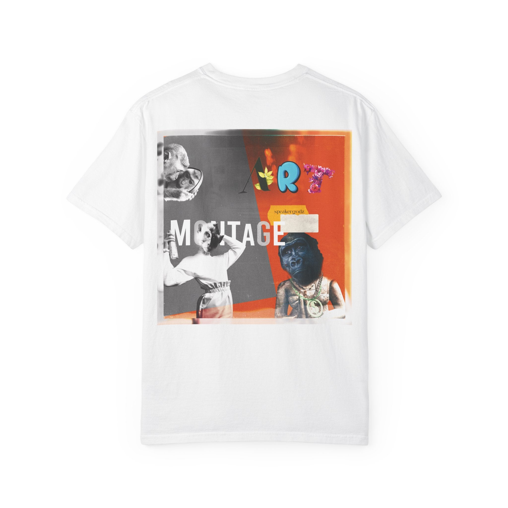 Montage Art Graphic T-Shirt — Retro Collage Art Tee with Small Heart Logo