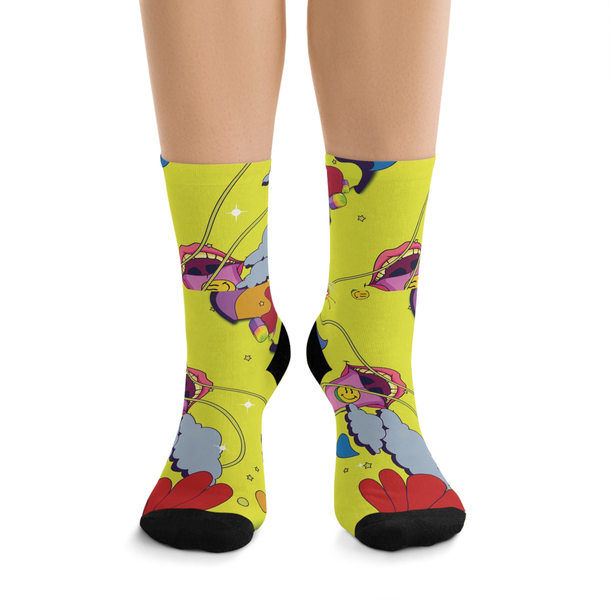 Yellow Retro Trippy Art Socks — Funky Cartoon Lips & Crew Socks