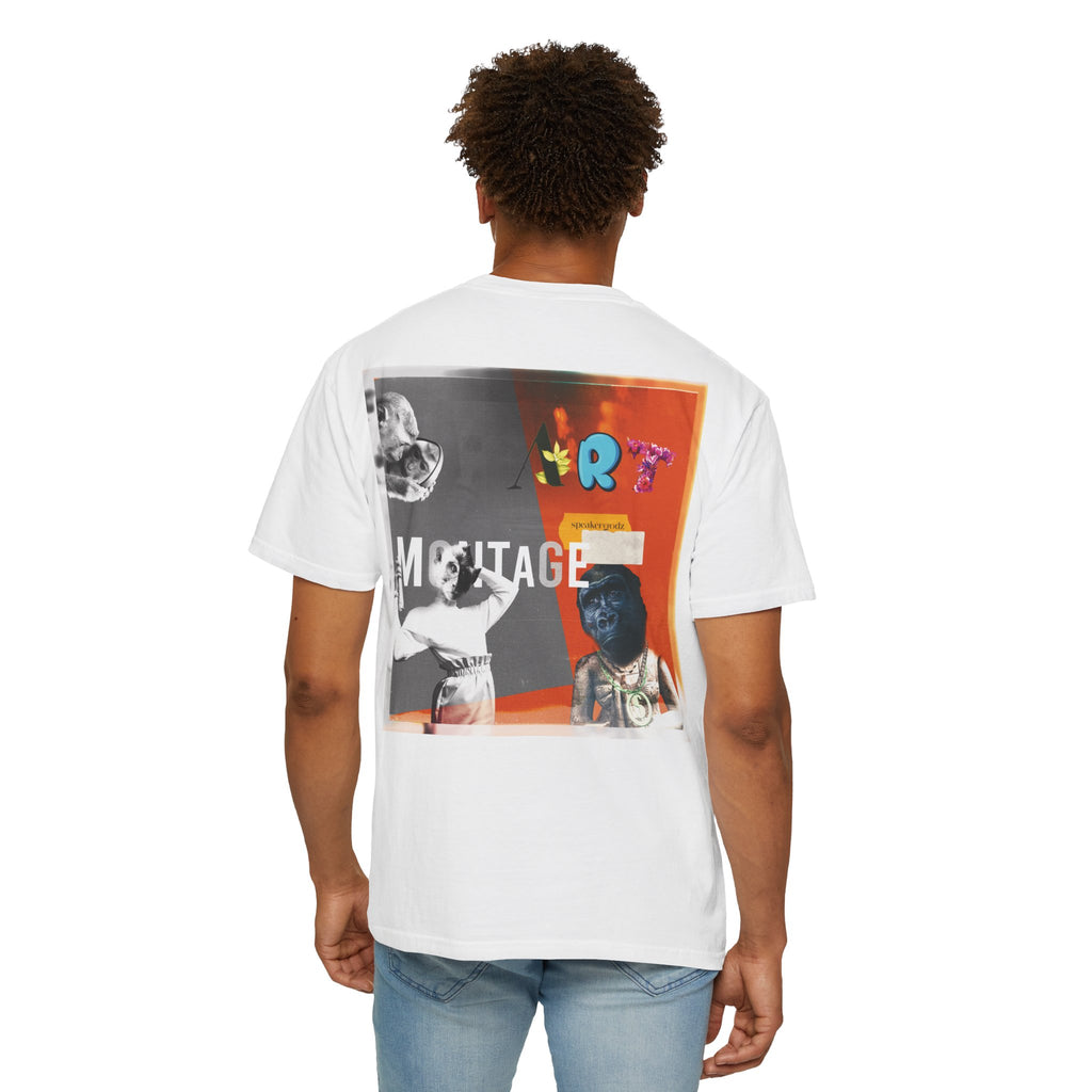 Montage Art Graphic T-Shirt — Retro Collage Art Tee with Small Heart Logo