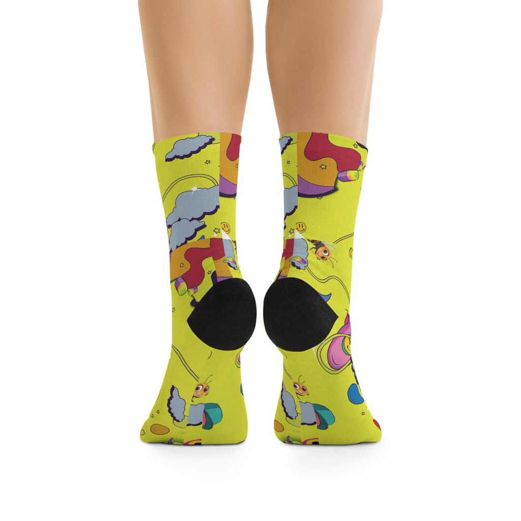 Yellow Retro Trippy Art Socks — Funky Cartoon Lips & Crew Socks