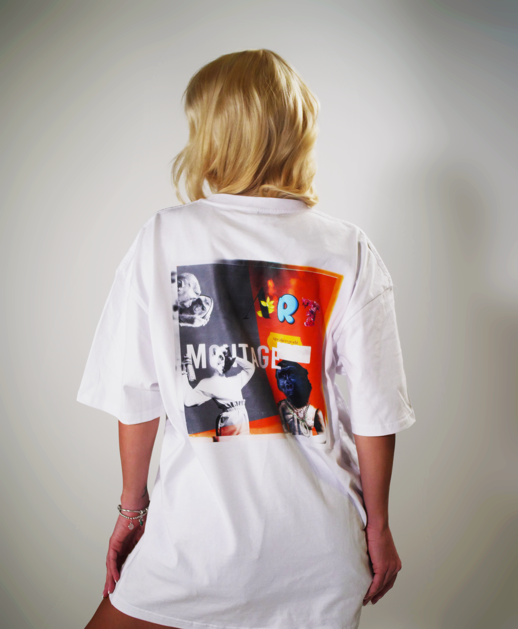 Montage Art Graphic T-Shirt — Retro Collage Art Tee with Small Heart Logo